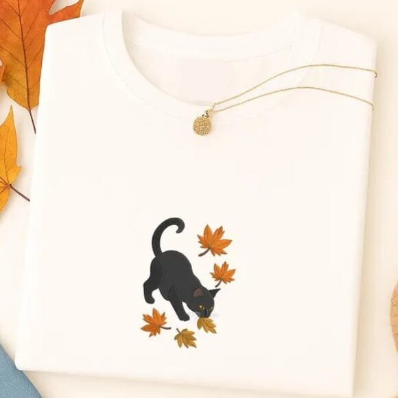 Tops - Cute Cat Shirt, Fall Halloween Cat Shirt, Cozy Autumn Cat Tee